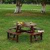 Outdoor 6 Person Picnic Table, 6 person Round Picnic Table with 3 Built-in Benches, Umbrella Hole, Outside Table and Bench Set for Garden, Backyard, P