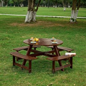 Outdoor 6 Person Picnic Table, 6 person Round Picnic Table with 3 Built-in Benches, Umbrella Hole, Outside Table and Bench Set for Garden, Backyard, P (Color: Brown, Person: 8)