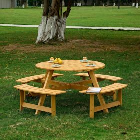 Outdoor 6 Person Picnic Table, 6 person Round Picnic Table with 3 Built-in Benches, Umbrella Hole, Outside Table and Bench Set for Garden, Backyard, P (Color: Natural, Person: 8)