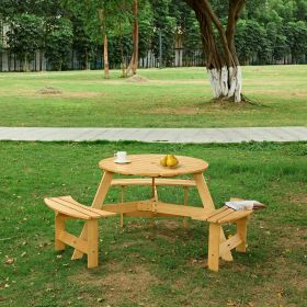 Outdoor 6 Person Picnic Table, 6 person Round Picnic Table with 3 Built-in Benches, Umbrella Hole, Outside Table and Bench Set for Garden, Backyard, P (Color: Natural, Person: 6)