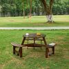 Outdoor 6 Person Picnic Table, 6 person Round Picnic Table with 3 Built-in Benches, Umbrella Hole, Outside Table and Bench Set for Garden, Backyard, P