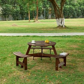 Outdoor 6 Person Picnic Table, 6 person Round Picnic Table with 3 Built-in Benches, Umbrella Hole, Outside Table and Bench Set for Garden, Backyard, P (Color: Brown, Person: 6)