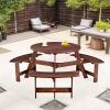 Outdoor 6 Person Picnic Table, 6 person Round Picnic Table with 3 Built-in Benches, Umbrella Hole, Outside Table and Bench Set for Garden, Backyard, P