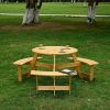 Outdoor 6 Person Picnic Table, 6 person Round Picnic Table with 3 Built-in Benches, Umbrella Hole, Outside Table and Bench Set for Garden, Backyard, P