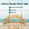 Outdoor 6 Person Picnic Table, 6 person Round Picnic Table with 3 Built-in Benches, Umbrella Hole, Outside Table and Bench Set for Garden, Backyard, P