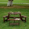 Outdoor 6 Person Picnic Table, 6 person Round Picnic Table with 3 Built-in Benches, Umbrella Hole, Outside Table and Bench Set for Garden, Backyard, P