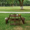 Outdoor 6 Person Picnic Table, 6 person Round Picnic Table with 3 Built-in Benches, Umbrella Hole, Outside Table and Bench Set for Garden, Backyard, P