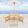 Outdoor 6 Person Picnic Table, 6 person Round Picnic Table with 3 Built-in Benches, Umbrella Hole, Outside Table and Bench Set for Garden, Backyard, P