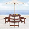 Outdoor 6 Person Picnic Table, 6 person Round Picnic Table with 3 Built-in Benches, Umbrella Hole, Outside Table and Bench Set for Garden, Backyard, P
