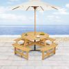 Outdoor 6 Person Picnic Table, 6 person Round Picnic Table with 3 Built-in Benches, Umbrella Hole, Outside Table and Bench Set for Garden, Backyard, P