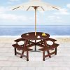 Outdoor 6 Person Picnic Table, 6 person Round Picnic Table with 3 Built-in Benches, Umbrella Hole, Outside Table and Bench Set for Garden, Backyard, P