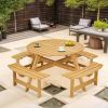 Outdoor 6 Person Picnic Table, 6 person Round Picnic Table with 3 Built-in Benches, Umbrella Hole, Outside Table and Bench Set for Garden, Backyard, P