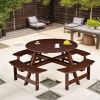 Outdoor 6 Person Picnic Table, 6 person Round Picnic Table with 3 Built-in Benches, Umbrella Hole, Outside Table and Bench Set for Garden, Backyard, P