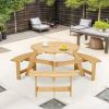 Outdoor 6 Person Picnic Table, 6 person Round Picnic Table with 3 Built-in Benches, Umbrella Hole, Outside Table and Bench Set for Garden, Backyard, P